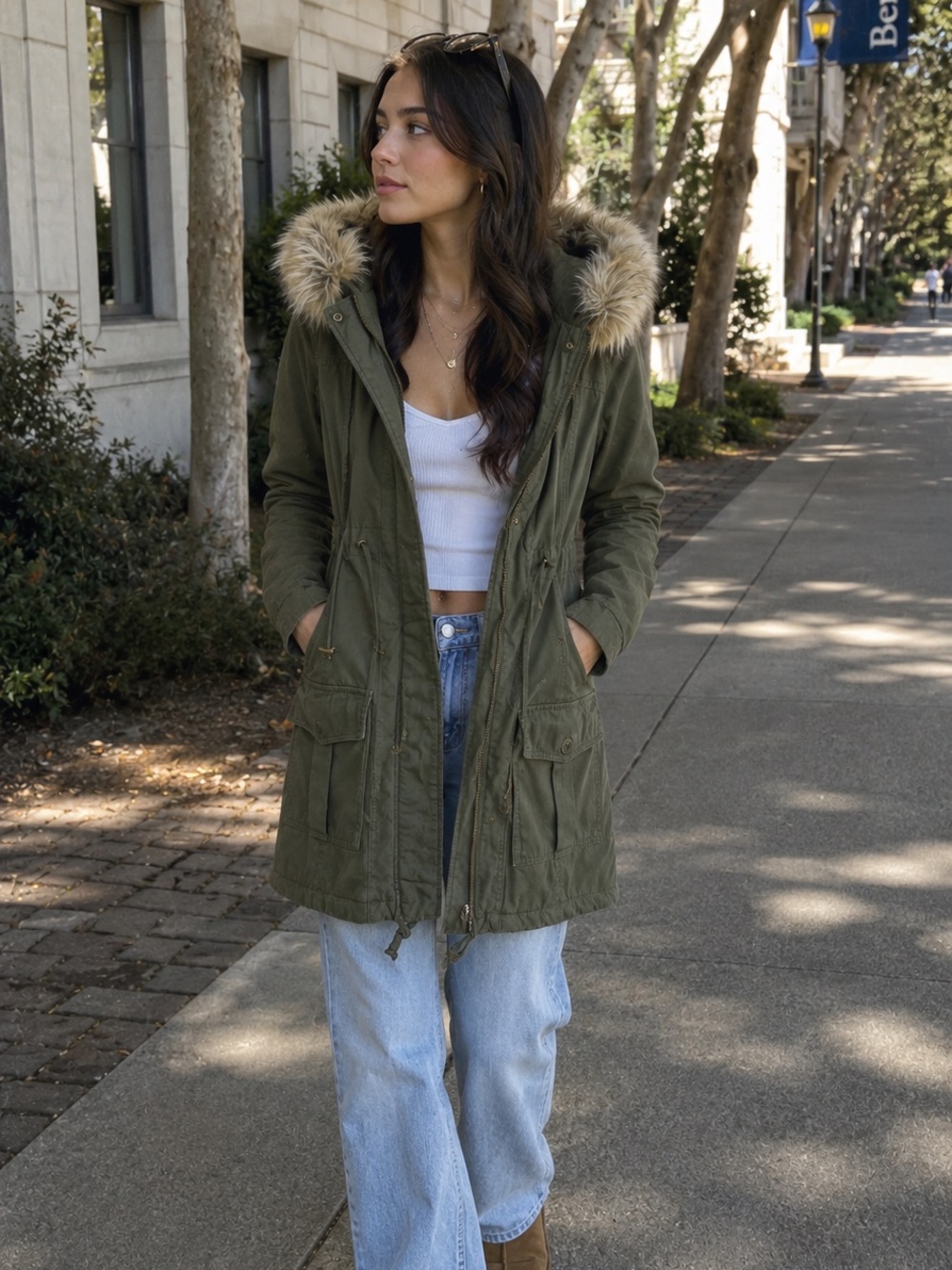 LA Hearts PacSun Faux Fur Hooded Utility Parka Jacket Olive Green Winter Coat